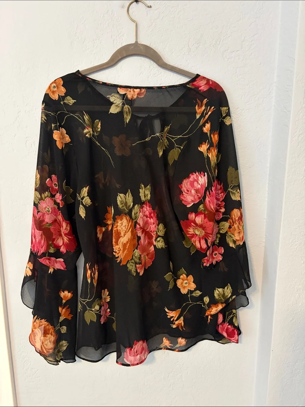 Sheer Black Floral Tie-Neck Blouse with Flowing Sleeves - Picture 2 of 8